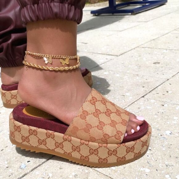 NEW GUCCI Angelina GG Beige Monogram Platform Slide Sandals Size EU 38.5 US 8.5 - Picture 6 of 16